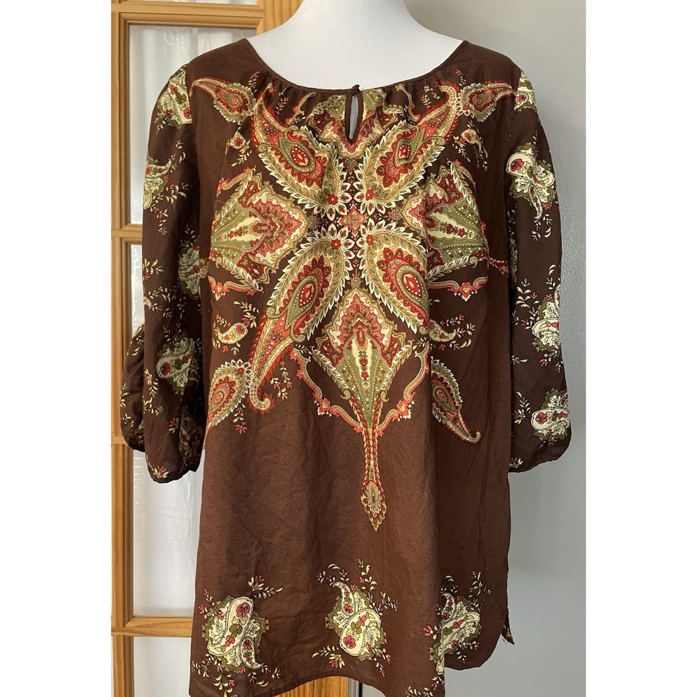 Paisley Floral Pullover Blouse 22/24 Brown Red Lightweight Peasant Cottagecore